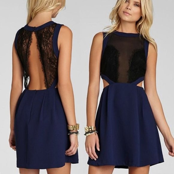 BCBGeneration Navy Blue Black Lace Inset Pleated Skirt Cutout Side Mini Dress 2 - Picture 1 of 15